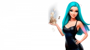 Изображение женского персонажа, держащего стопку монет, рекламирующего приветственный бонус в интернет-казино БитСтарз в игривом и привлекательном стиле.